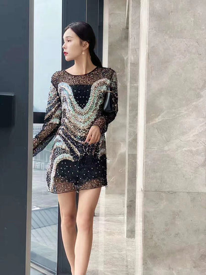 A Spring/Summer 2024 New Fashion Temperament Heavy Industry Embroidery Sequin Dress French Lace Dress