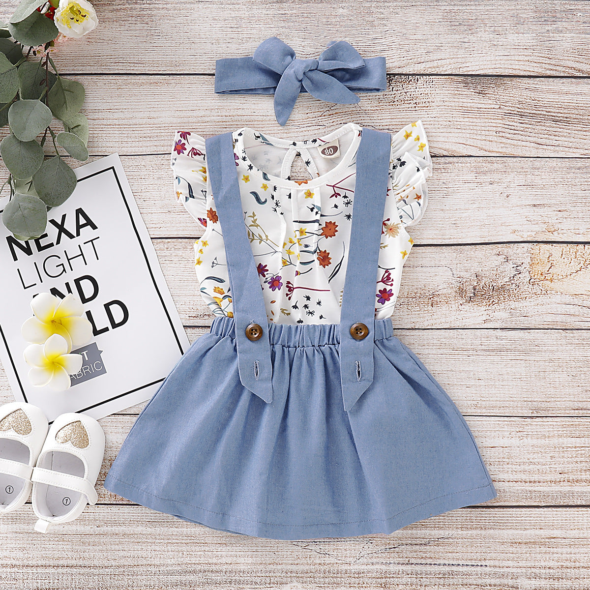 Girls fall/winter European and American fashion sleeveless floral top+solid color suspender denim skirt 0.3kg