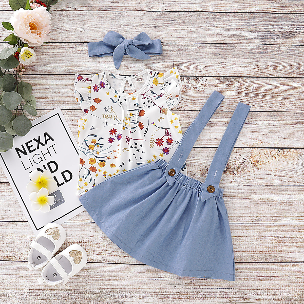 Girls fall/winter European and American fashion sleeveless floral top+solid color suspender denim skirt 0.3kg