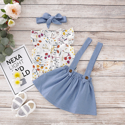 Girls fall/winter European and American fashion sleeveless floral top+solid color suspender denim skirt 0.3kg