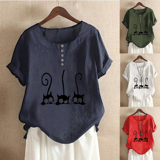 New short-sleeved shirt Korean style fashionable cat print round neck top loose t-shirt plus size women's clothing