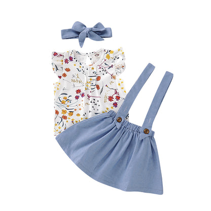 Girls fall/winter European and American fashion sleeveless floral top+solid color suspender denim skirt 0.3kg