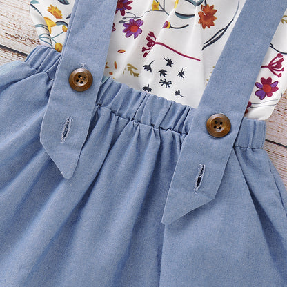 Girls fall/winter European and American fashion sleeveless floral top+solid color suspender denim skirt 0.3kg