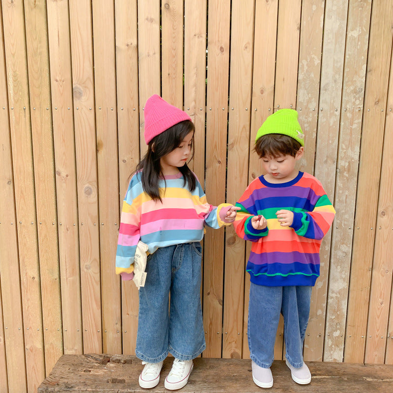 Children's hoodie spring style boys and girls Korean version rainbow striped hoodie pullover for children loose top 0.25kg