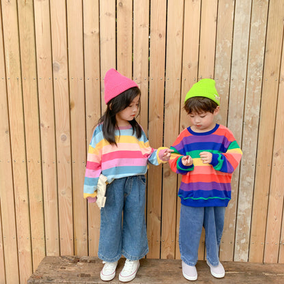 Sudadera con capucha para niños, estilo primaveral, versión coreana, para niños y niñas, con rayas de arcoíris, holgada, 0,25 kg 