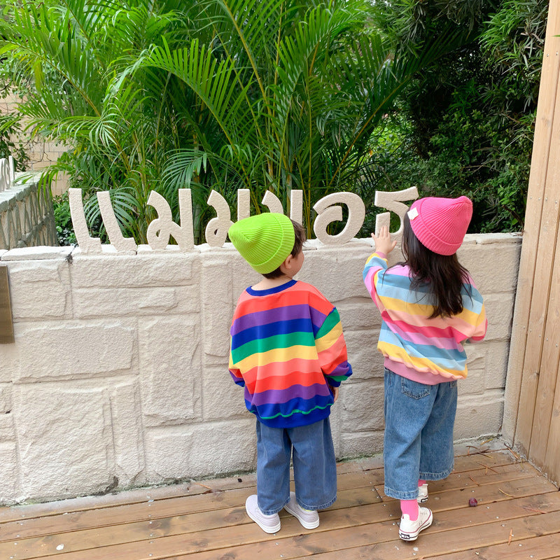 Children's hoodie spring style boys and girls Korean version rainbow striped hoodie pullover for children loose top 0.25kg