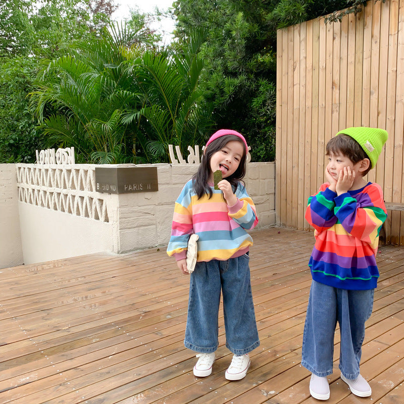 Children's hoodie spring style boys and girls Korean version rainbow striped hoodie pullover for children loose top 0.25kg