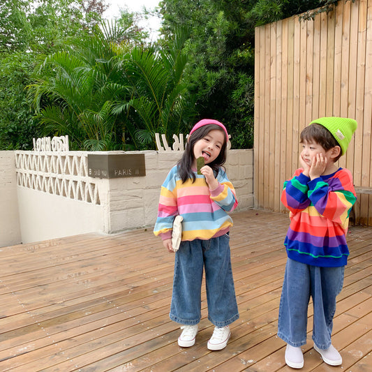 Children's hoodie spring style boys and girls Korean version rainbow striped hoodie pullover for children loose top 0.25kg