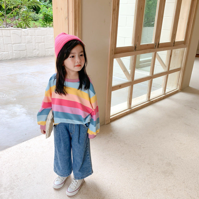 Sudadera con capucha para niños, estilo primaveral, versión coreana, para niños y niñas, con rayas de arcoíris, holgada, 0,25 kg 