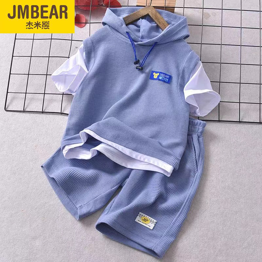 P Jamie bear children&#039;s waffle suit summer new boy hooded casual short sleeve big boy short T shorts.