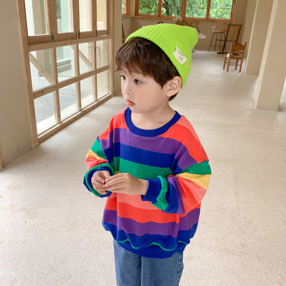 Children's hoodie spring style boys and girls Korean version rainbow striped hoodie pullover for children loose top 0.25kg