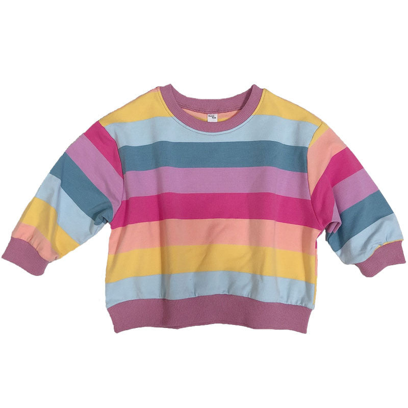 Sudadera con capucha para niños, estilo primaveral, versión coreana, para niños y niñas, con rayas de arcoíris, holgada, 0,25 kg 