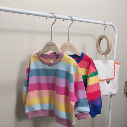 Children's hoodie spring style boys and girls Korean version rainbow striped hoodie pullover for children loose top 0.25kg