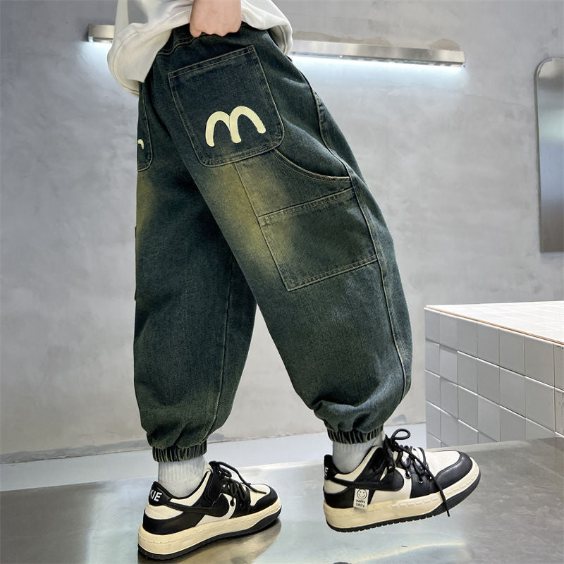 P boys pants medium and older children's spring and autumn models handsome children's autumn jeans 2024 new boys casual trousers tide