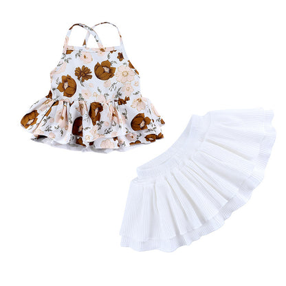 New baby set with printed female baby suspender jumpsuit pants two-piece set 0.115kg