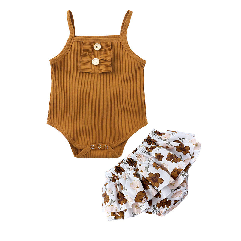 New baby set with printed female baby suspender jumpsuit pants two-piece set 0.115kg