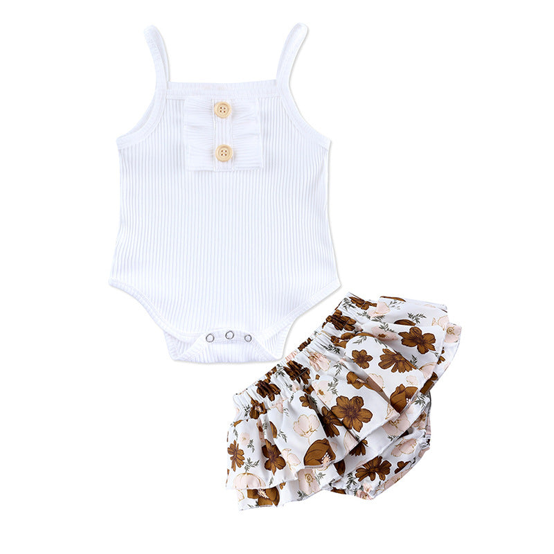 New baby set with printed female baby suspender jumpsuit pants two-piece set 0.115kg