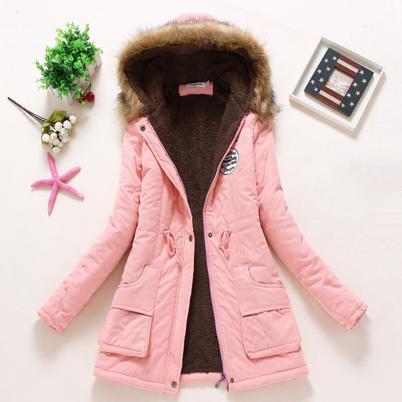 A autumn and winter new Korean version of medium and long women's cotton-padded clothes, plush collar, slim fit, thickened large size coat top