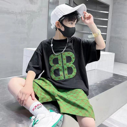 P single/suit boy summer short sleeve suit 2024 new Zhongda children boy online celebrity fashionable summer tide.