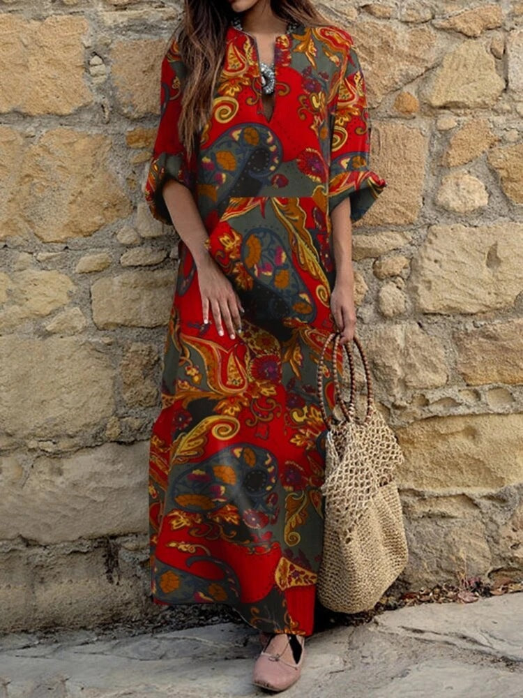 V-neck five-quarter sleeve dress 2023 spring long skirt ethnic style retro print loose plus size women's clothing