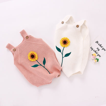 2020ins Autumn Girls Baby and Children Sunflower Backband Sweatshirt Knitted One Piece Bag Fart Triangle Climbing Clothes 0.3kg