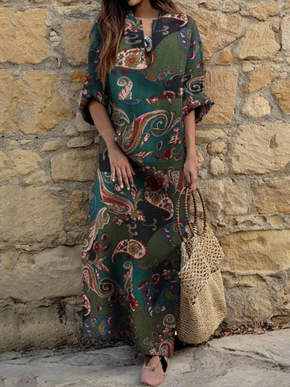 V-neck five-quarter sleeve dress 2023 spring long skirt ethnic style retro print loose plus size women's clothing