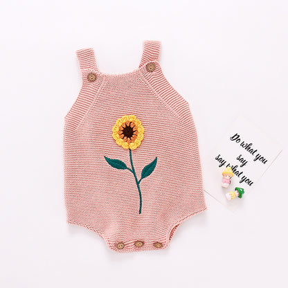 2020ins Autumn Girls Baby and Children Sunflower Backband Sweatshirt Knitted One Piece Bag Fart Triangle Climbing Clothes 0.3kg