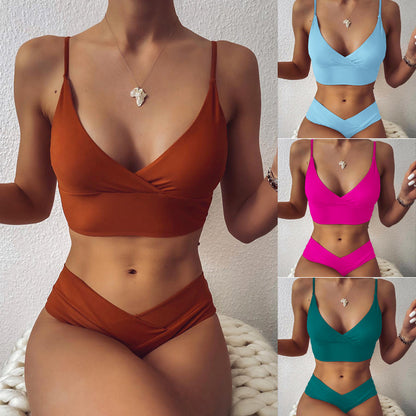 P Traje de baño de bikini de cintura alta de color rojo ladrillo nuevo de estilo europeo y americano con capas cruzadas en el pecho, traje de baño dividido para mujer 