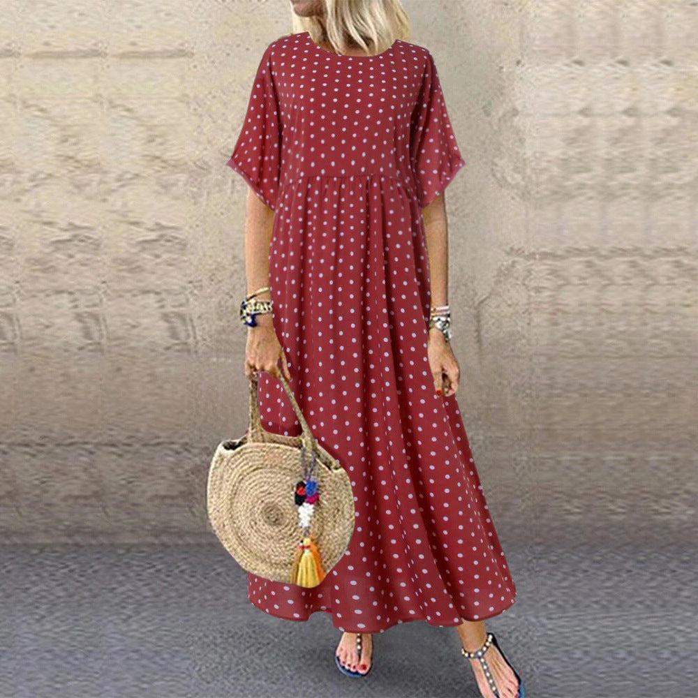 Polka dot loose plus size women's skirt with full hem, round neck pullover half-sleeved dress, temperament commuting long skirt