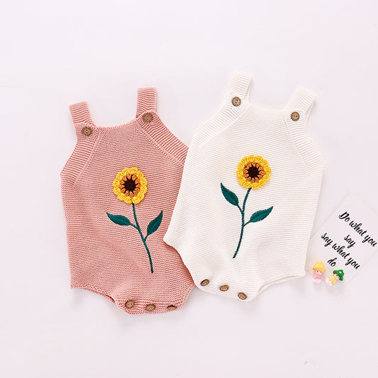 2020ins Autumn Girls Baby and Children Sunflower Backband Sweatshirt Knitted One Piece Bag Fart Triangle Climbing Clothes 0.3kg