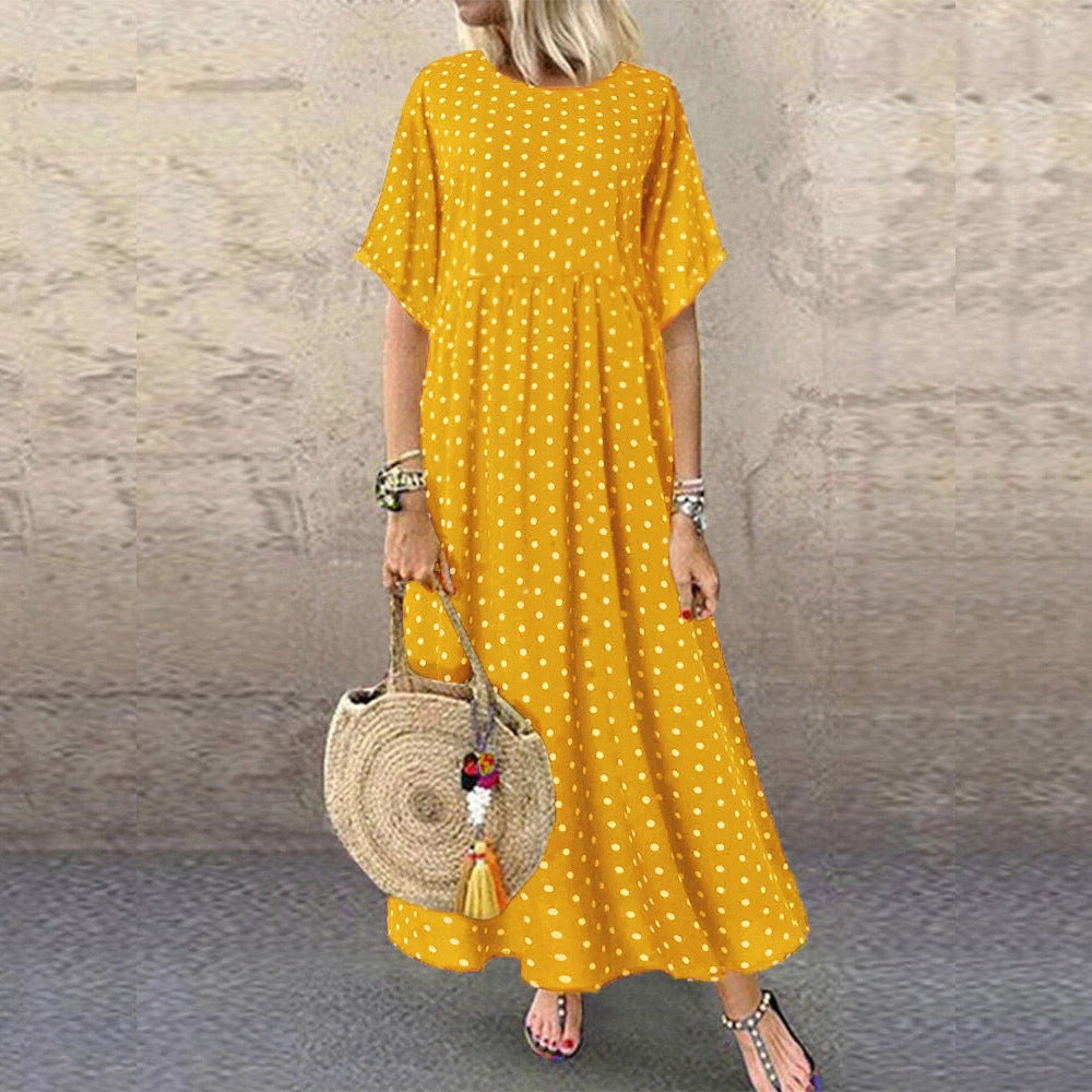 Polka dot loose plus size women's skirt with full hem, round neck pullover half-sleeved dress, temperament commuting long skirt