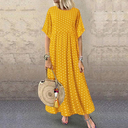 Polka dot loose plus size women's skirt with full hem, round neck pullover half-sleeved dress, temperament commuting long skirt