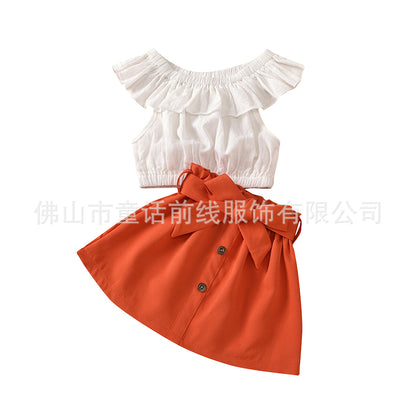 Summer children's and girls' one shoulder foam cotton top+half skirt+belt