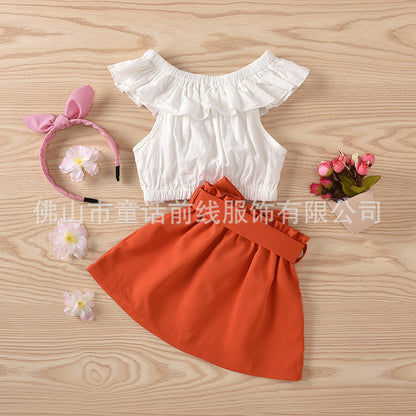 Summer children's and girls' one shoulder foam cotton top+half skirt+belt