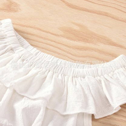 Summer children's and girls' one shoulder foam cotton top+half skirt+belt