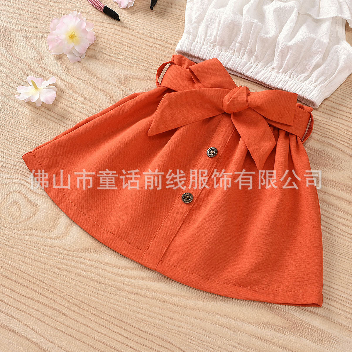 Summer children's and girls' one shoulder foam cotton top+half skirt+belt