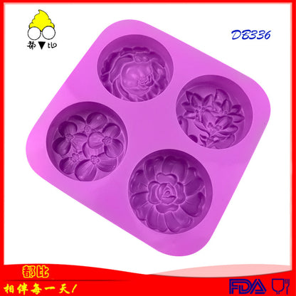 Un molde de silicona para pastel de 4 piezas, incluso con flores redondas diferentes, molde de chocolate, molde de jabón de aromaterapia hecho a mano tridimensional, MOQ: 10 PIEZAS 