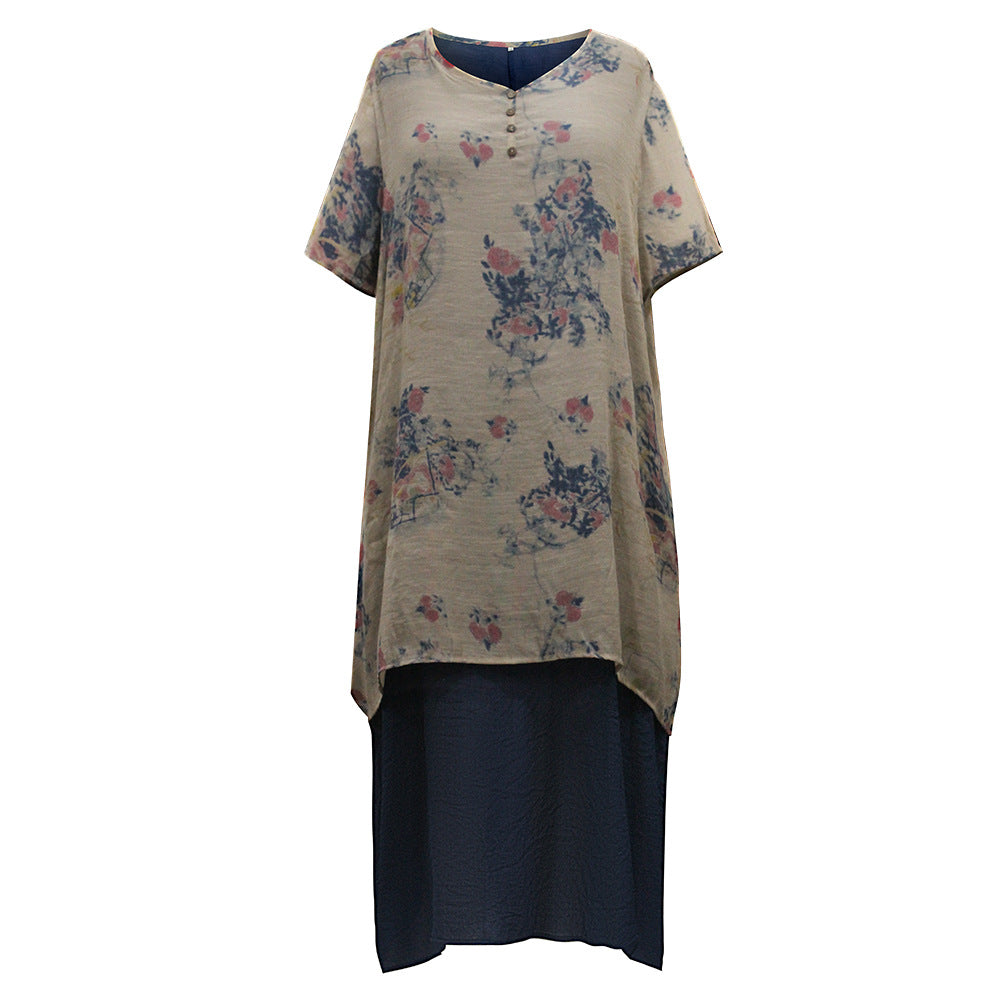 Plus size women's long skirt, round neck pullover, fake two piece cotton and linen dress, printed skirt wholesale