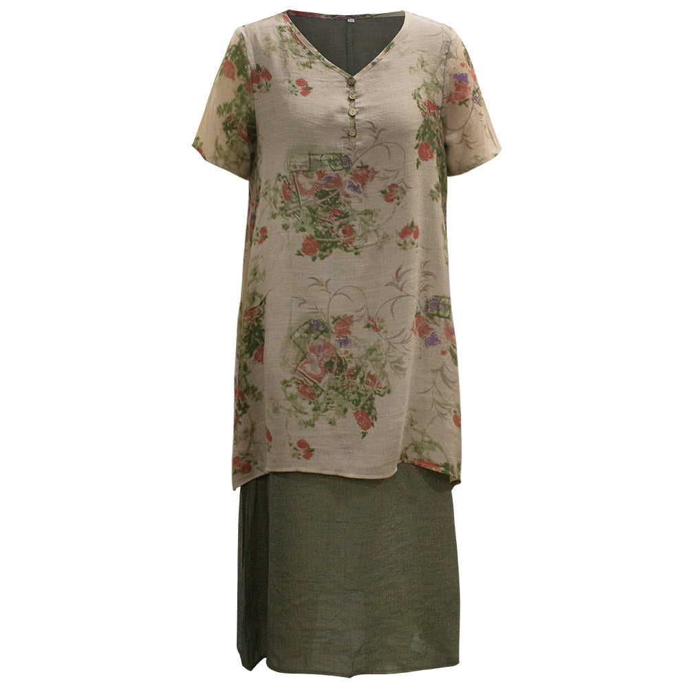 Plus size women's long skirt, round neck pullover, fake two piece cotton and linen dress, printed skirt wholesale