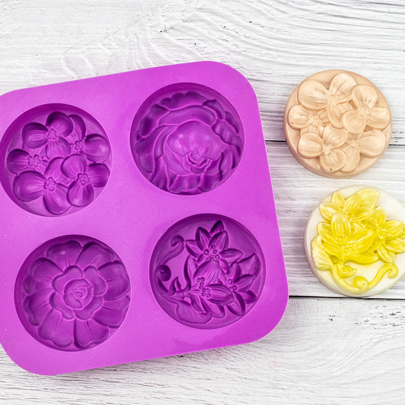 A all than, silicone cake mold 4 even round different flowers, chocolate mold DIY three-dimensional handmade aromatherapy soap mold MOQ;10 PIECE