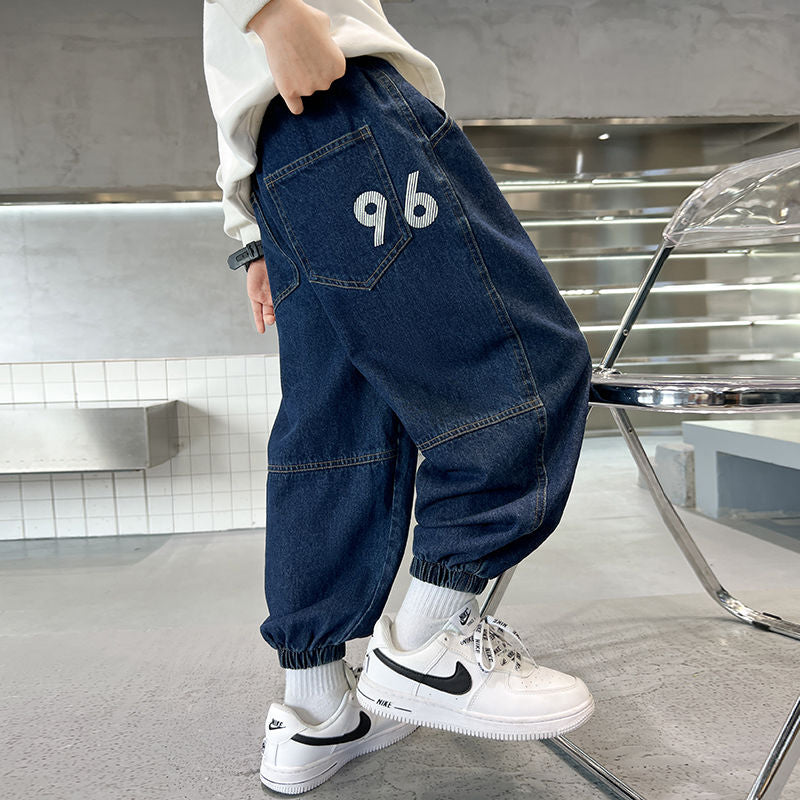 P boys jeans spring and autumn 2024 new autumn casual pants medium and large children's boys autumn pants cool and trendy