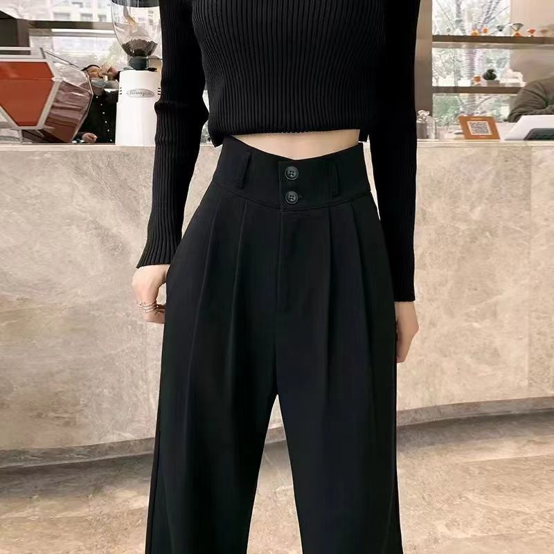 P Pure black wide-leg pants female 2024 new personality, high waist and drooping feeling, casual and loose mopping suit pants, straight pants female