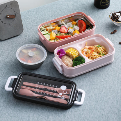 A 304 stainless steel double-layer insulated lunch box, heat-resistant and leak proof, student lunch box, microwave oven portable and portable lunch box, cute