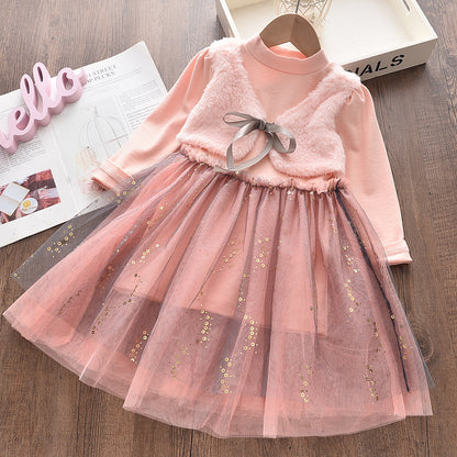 Vestido de manga larga estampado para niñas de estilo primavera y otoño para niñas de tamaño pequeño y mediano, vestido de princesa elegante para niñas, vestido de muñeca de estilo rural tesoro para niñas, 0,23 kg 