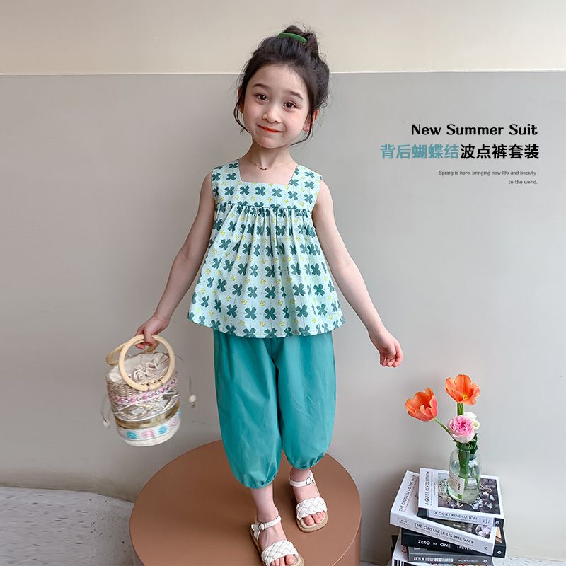 P ohm bear girl suit summer 2024 new fashionable western style online celebrity summer clothes baby children&#039;s short sleeves.