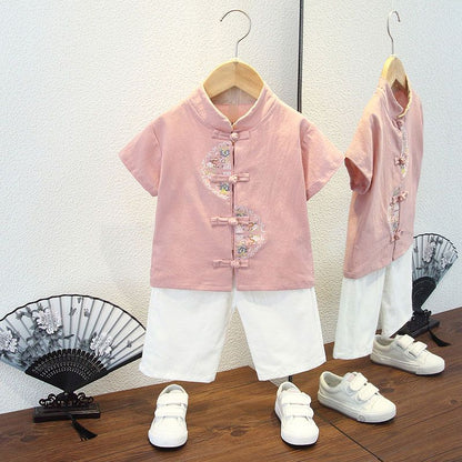 P Children's summer style Hanfu 2 boys Chinese style cotton and linen short sleeve Tang costume set 7 baby thin Chinese costumes