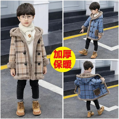 woolen coat for boys and girls, velvet thickened hooded coat