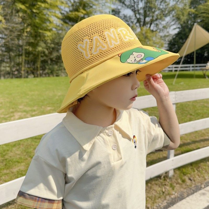 P Children's sunscreen hat summer boys and girls UV protection sun hat baby cartoon mesh large brim sunshade bucket hat