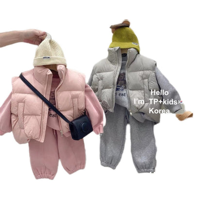 P Korean girls' winter clothing  fleece suit, foreign style children's sweater, thickened leisure sports three-piece children's clothing