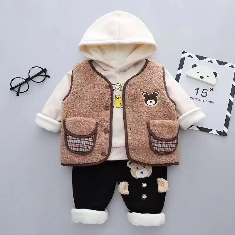 P Boys' Clothing Winter Fleece Thickened Three-piece Set Children's Sweater Sweatpants Cartoon Boys' Baby Winter Cotton Clothes